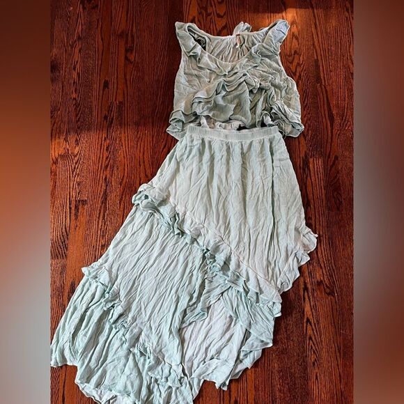 Free People If Only Skirt Set Harbor Mint Rayon Gauze Asymetrical Ruffle Medium - Picture 4 of 6